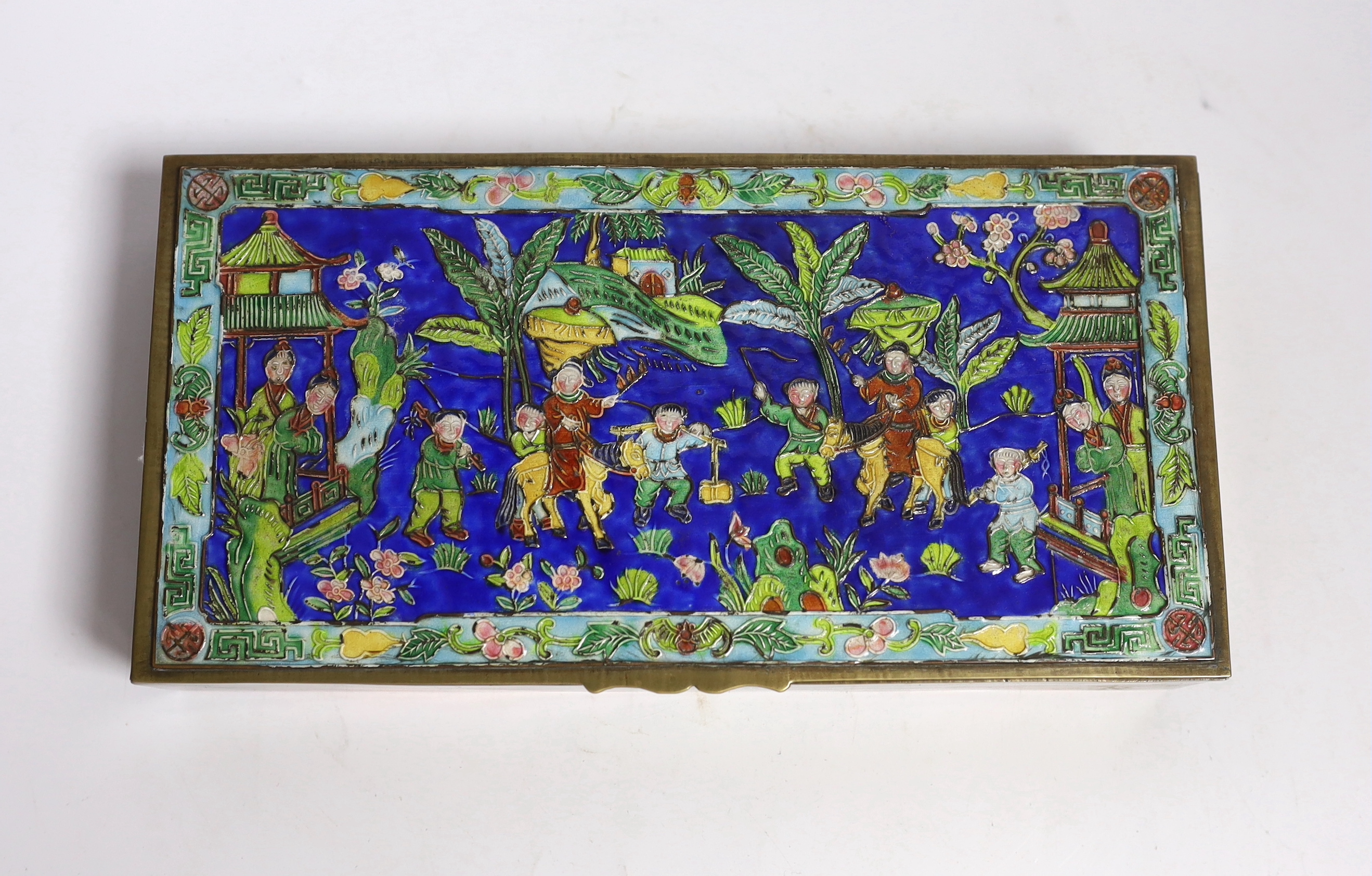 A 20th century Chinese enamelled brass box, 24cm wide, 12.5cm deep